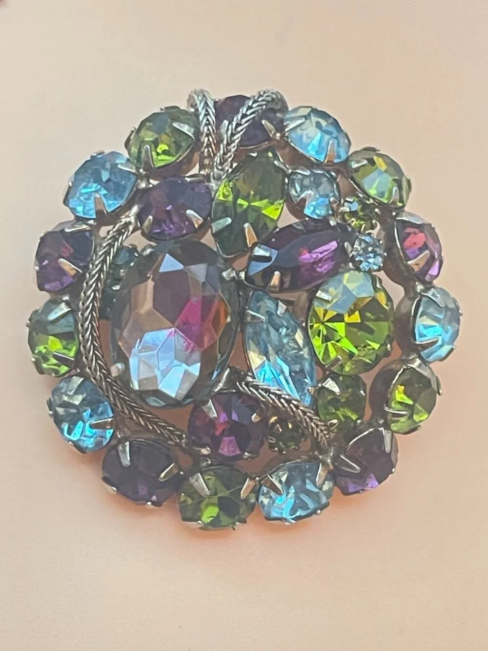 Vtg D&E Juliana Multicolor Watermelon Glass Brooch With Gold-Tone Rope Accents F